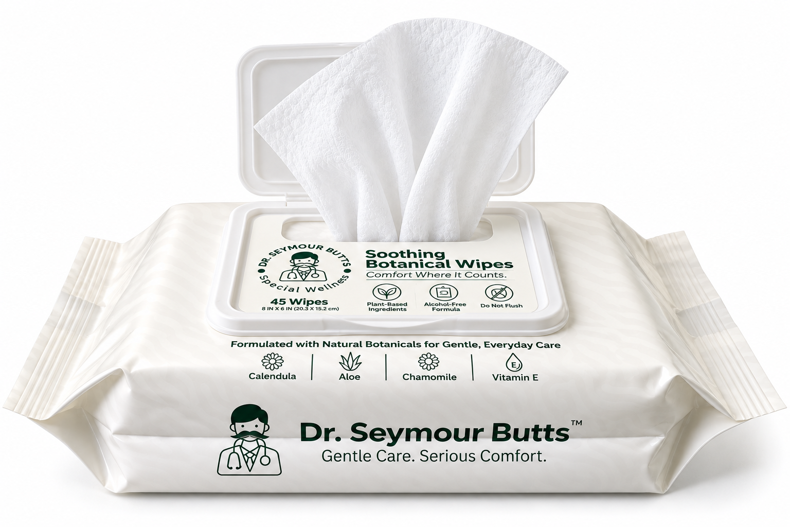Open pack of Dr. Seymour Butts Soothing Botanical Wipes with a textured wipe emerging from the open lid